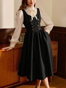 xheVintamour Vestido vintage elegante para mujer con bolsillos, cruzado, con cadena y botones metálicos, vestido informal para vacaciones de otoño.xhe - Negro - Ver 1