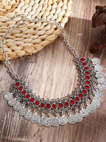 1 Set Bohemian Style Coin Tassel Pendant Necklace & Anklet, Beach Vacation Jewelry Set - Antique Silver - View 9
