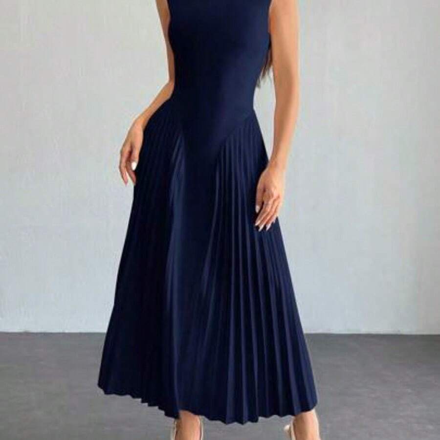 WNS PETITE Vestido ajustado de línea A con pliegues elegante para mujer - Azul marino - Ver 1