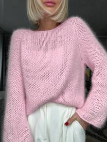 Minimalist Solid Color Versatile Off-Shoulder Boat Neck Soft Knit Long Sleeve Top Pink - Pink - View 3