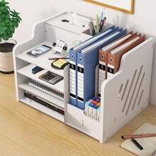 1pc Office File Organizer Simple Book Stand Stationery Pen Holder Storage Box With Tissue Box Desktop Multi-Layer Document Organizer - A - View 3