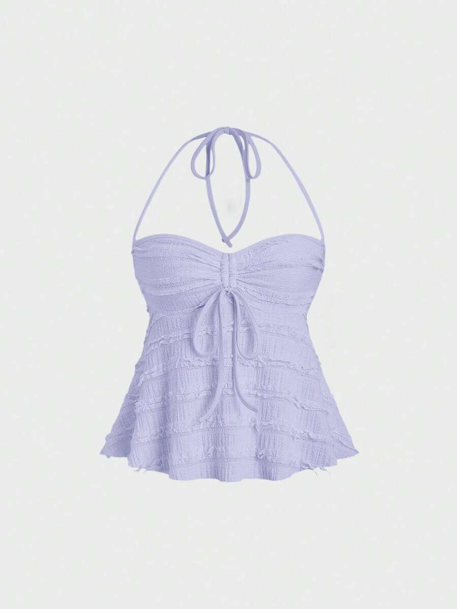 Casual Solid-Color Tank Top With Drawstring And Front Knot, Summer - Mauve Purple - View 1