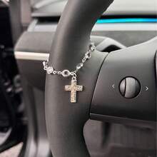 1pc Silver Plated Cross Rhinestone Car Steering Wheel Charm, Gothic Y2K Style Sparkly Crystal Inlaid Ornament, Embossed Cross Pendant Chain, Aesthetic Bling Interior Decoration For Women, Auto Accessory For Daily Driving - A - View 2