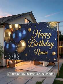 Painel Personalizável Azul e Dourado "Feliz Aniversário", com Balões Azuis e Dourados, Glitter Dourado e Confetes; Design de Nome Personalizado; Decoração de Mesa de Bolo de Festa de Aniversário; Faixa; Acessório de Fotografia Retrato; Vinil - Ouro Azul - Visão 5