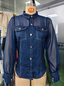 Women's Denim Fabric & Mesh Patchwork Shirt, Long Sheer Puff Sleeves, Button-Down With Fake Chest Pockets, Slim Fit Casual Top For Everyday Wear - 藍色 - 查看 3
