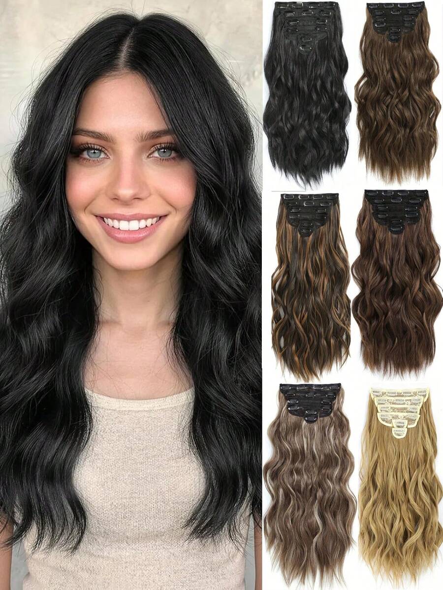 Juego de extensiones de cabello con clip para mujer - 6 piezas de extensiones de cabello largo ondulado con degradado de reflejos - Extensiones de cabello sintético suave y grueso de 22 pulgadas con clip (uso diario) - Marrón claro & Rubio