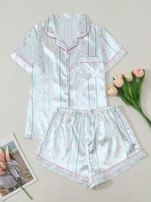 Striped Floral Heart Print Women's Satin Short Sleeve Shorts Pajama Set - Green - View 1