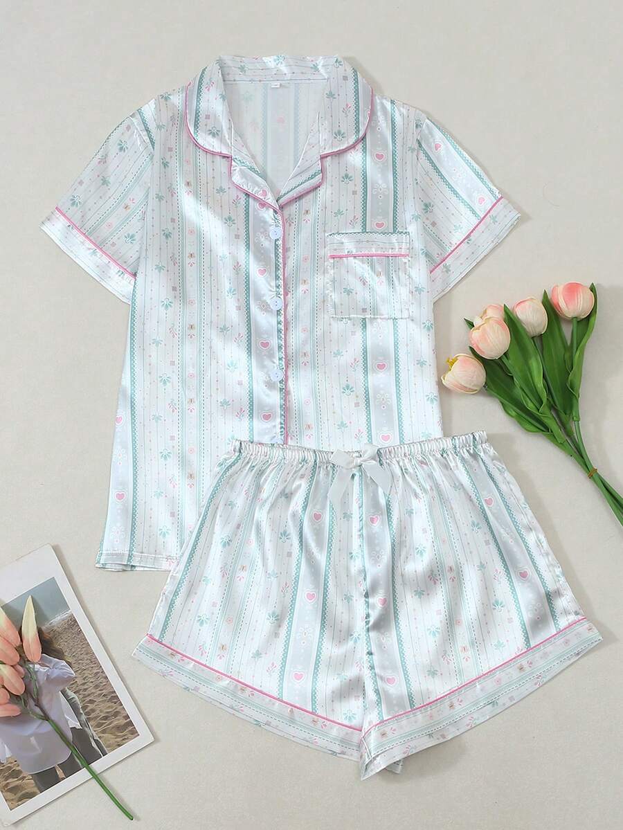 Striped Floral Heart Print Women's Satin Short Sleeve Shorts Pajama Set - Green - View 1