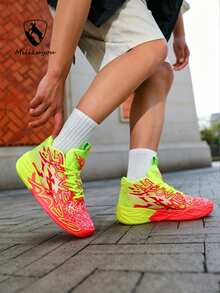 New Men's Breathable Casual Sneakers, Printed Soft Sole Driving Shoes, Non-Slip Soft Sole Casual Walking Shoes, Fashion Letter Print Casual Shoes, Daily Commute Versatile Shoes, Breathable Slip-On, Contrast Color Soft Sole Shoes, Outdoor Sports Basketball Shoes, Suitable For All Seasons - Red and Yellow 739 - View 5
