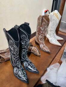 New Pointed Toe Chunky Heel Pant Leg Boots Women's Retro Knee-High Long Boots High Heel Western Cowboy Boots Riding Boots - Brown - View 5