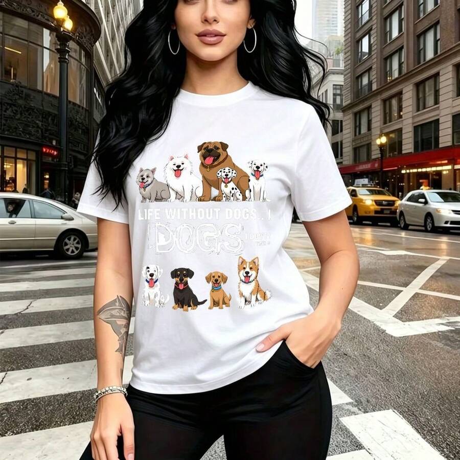 Camiseta de mujer con estampado divertido "LIFE WITHOUT DOGS... I DON'T THINK!" y ilustraciones de razas caninas como Samoyed, Chow Chow y Dálmata - diseño gráfico urbano con letras blancas desgastadas y estilo casual de manga corta, ajuste cómodo y - Blanco - Ver 1