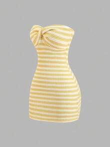 Vestido mini ajustado de tubo de punto con espalda descubierta y rayas de contraste, para verano - Amarillo claro - Ver 1