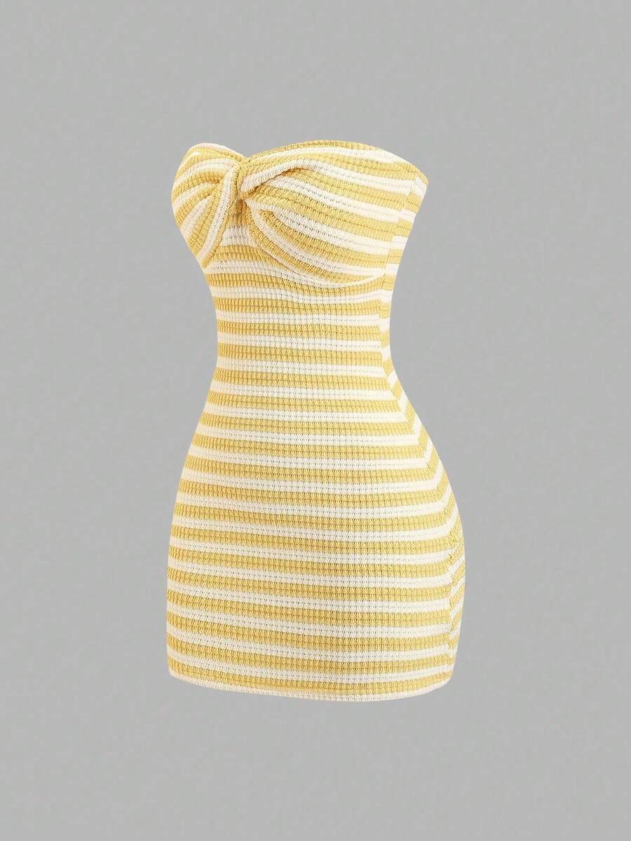Vestido mini ajustado de tubo de punto con espalda descubierta y rayas de contraste, para verano - Amarillo claro - Ver 1