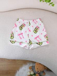 2pcs/Set Tween Girl Summer Casual Pickle Jar & Bow Pattern Print Lapel Short Sleeve Cardigan And Shorts Pajama Set Flame Retardant All Season Girls Mid-To-Older Children - White - View 8