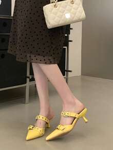 Silver Pointed Toe Mule Slip-On High Heel Shoes For Women - Yellow - View 5