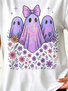 Women Cute Ghost & Floral Print Halloween T-Shirt, Casual Round Neck Short Sleeve Tee, Fall Clothes For Women Back To School Nightmare Before Christmas - 白色 - 查看 2