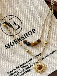 QTHOPE Maillard Retro Tiger Eye Stone Sun Necklace Suitable For Girls Daily Wear Holiday Gift - Gold - View 6