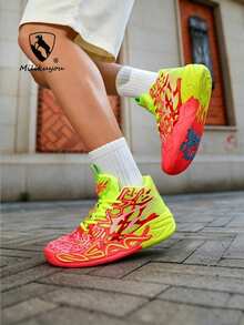 New Men's Breathable Casual Sneakers, Printed Soft Sole Driving Shoes, Non-Slip Soft Sole Casual Walking Shoes, Fashion Letter Print Casual Shoes, Daily Commute Versatile Shoes, Breathable Slip-On, Contrast Color Soft Sole Shoes, Outdoor Sports Basketball Shoes, Suitable For All Seasons - Red and Yellow 739 - View 4