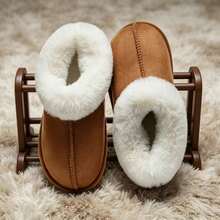 Fashion Fully Covered Heel Rabbit Fur Fluffy Women's Thermal Slippers, Women's Favorite Autumn/Winter Indoor Home Winter Shoes Slippers, Outer Layer Suede Fleece Fabric, Women's Autumn/Winter Indoor Outdoor Warm Home Slippers - Khaki - View 4