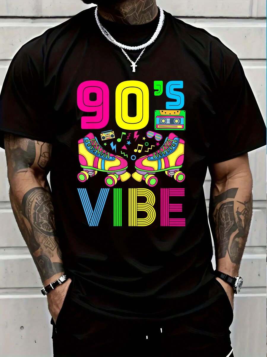 100% Cotton 90's Vibe Retro 1990s 90s Style Party Outfit Men Women T-Shirt Short Sleeve T-Shirt Women's Men's Causal Tops - 黑色6 - 查看 1