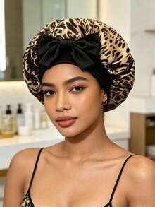 1pcCute & Bold Leopard Print Bow Satin Hair Bonnet, Made Of Smooth Satin Fabric, Retro & Style With Colorful Leopard Print & 3D Bow, Anti-Frizz & Breathable; Ideal For Sleep, SPA & Ramadan, Multi-Color Options Available. - Multicolor - View 4