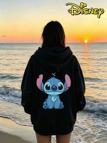Couples Disney Lilo & Stitch Cute Stitch With Heart Print Hooded Sweatshirt, Casual Loose Streetwear Hoodie, Sold As Single Piece 1pcs - Phụ nữ da đen - Xem 2
