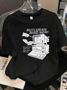 Camiseta de manga corta y cuello redondo para mujer con estampado gráfico en blanco y negro de una pantalla de ordenador antigua, apta para todas las estaciones. - Negro - Ver 1