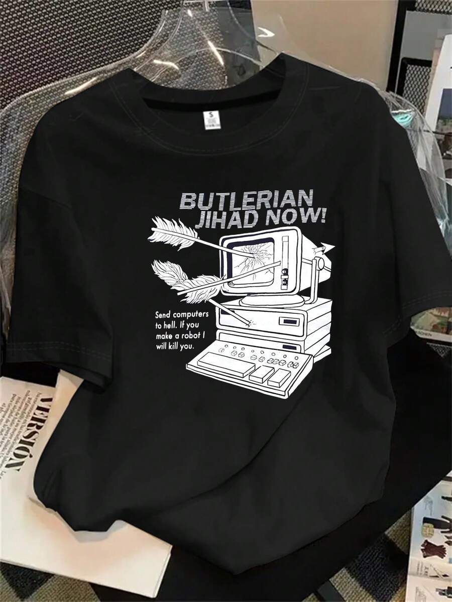 Camiseta de manga corta y cuello redondo para mujer con estampado gráfico en blanco y negro de una pantalla de ordenador antigua, apta para todas las estaciones. - Negro - Ver 1