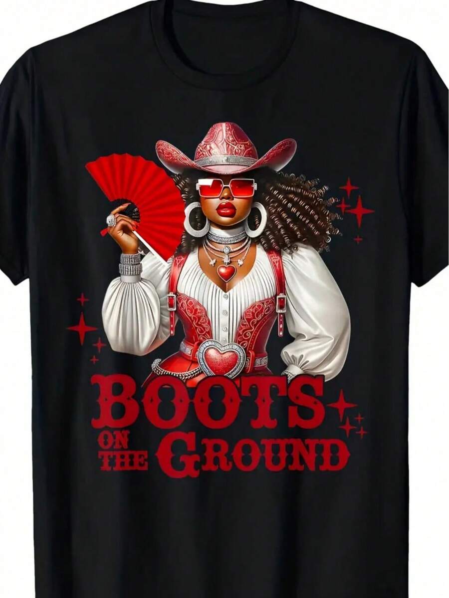Casual Short Sleeve Crew Neck T-Shirt For Men And Women, 100% Cotton, Western Cowgirl Hat And Boots Print - "Boots On The Ground" Slogan, Great For Halloween, Christmas, Birthday Gifts, Country Music Events (Black/White) - Back - View 1
