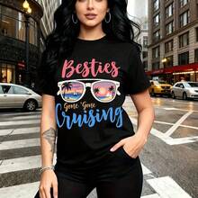 Camiseta de mujer con estampado divertido "Besties Gone Cruising" con gafas de sol y palmeras - camiseta casual de manga corta con ajuste cómodo y estilo urbano vibrante, perfecta para paseos por la ciudad, días de playa o salidas con amigas - regalo - Negro - Ver 11