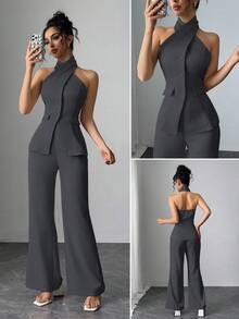 Conjunto de 2 piezas elegante con top sin mangas de cuello halter y pantalones largos de unicolor para mujer - Gris Oscuro - Ver 1