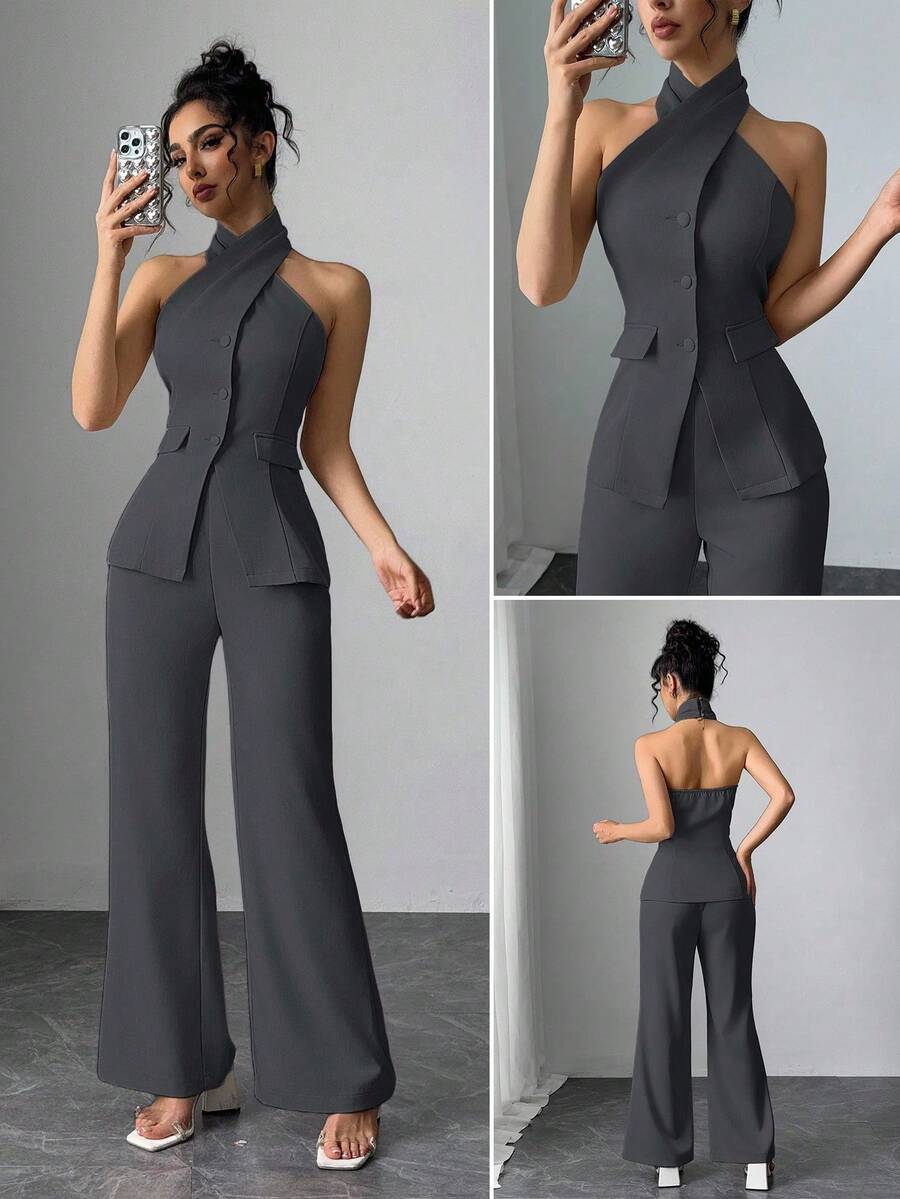 Conjunto de 2 piezas elegante con top sin mangas de cuello halter y pantalones largos de unicolor para mujer - Gris Oscuro - Ver 1