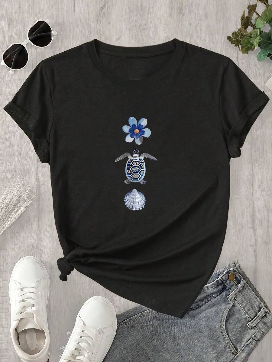 Top de mujer de manga corta y cuello redondo con estampado de tortugas en la espalda, apto para todas las estaciones. - Negro - Ver 1