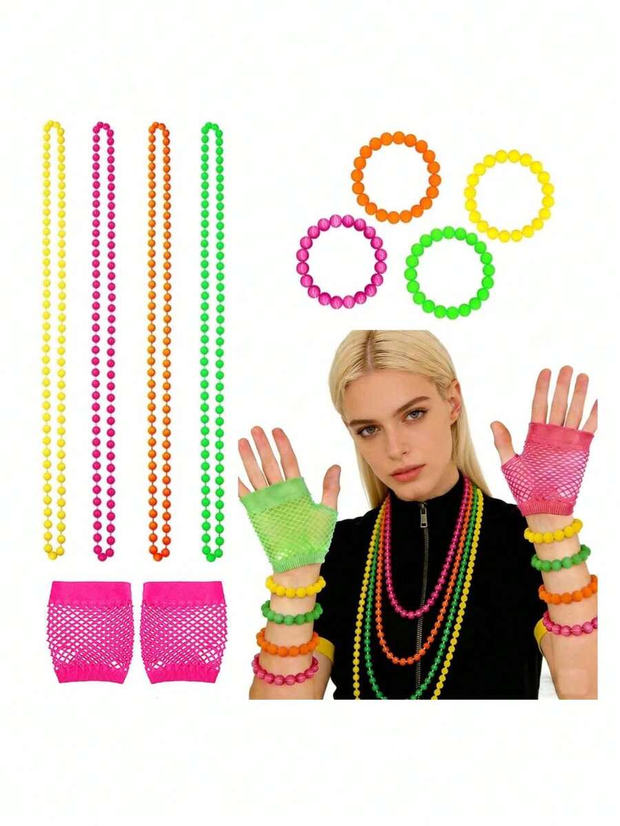 Neon Beaded Necklace & Bracelet Set With Pink Fishnet Gloves, 80s Retro Outfit, Suitable For Halloween, EDM Parties, Summer Beach Parties And Theme Events - Hot Pink - View 1