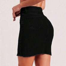 Falda vaquera negra casual de cintura alta con flecos - Negro01 - Ver 3