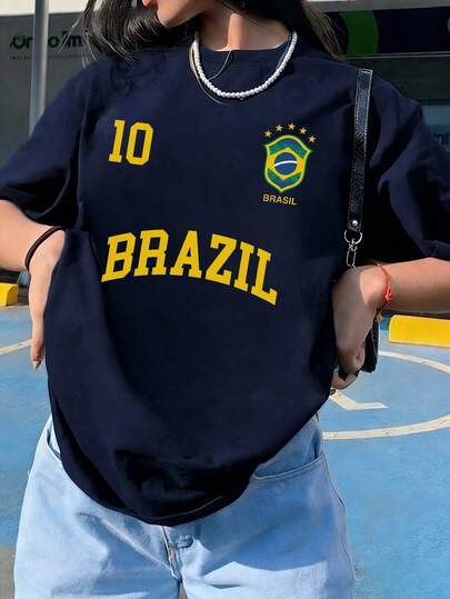 1pc Women's Brazilian Pattern Loose Short Sleeve T-Shirt, Y2K Style Comfortable, Suitable For Daily Casual, Street, Vacation And Watching Sports