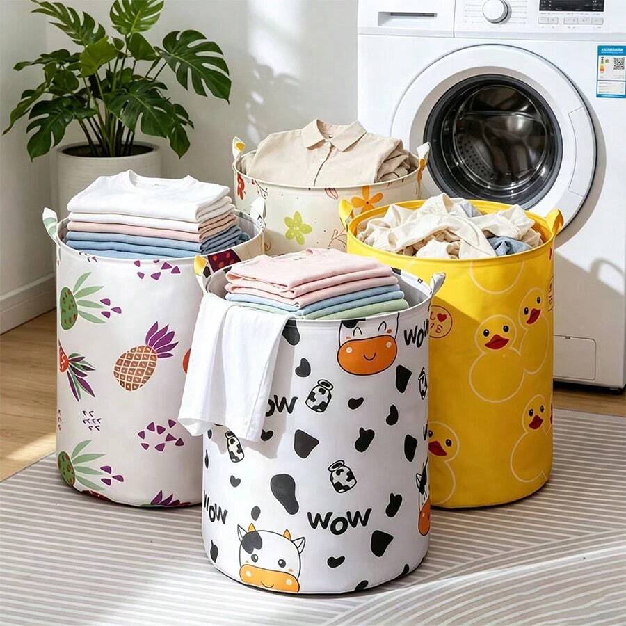 1pc Foldable Round Storage Basket Laundry Hamper, Multi-Purpose Clothes & Miscellaneous Items Organizer Bin, Suitable For Bedroom, Bathroom, Dorm, With Dual Handles For Easy Carrying, Available In Multiple Colors - Multicolor - View 1