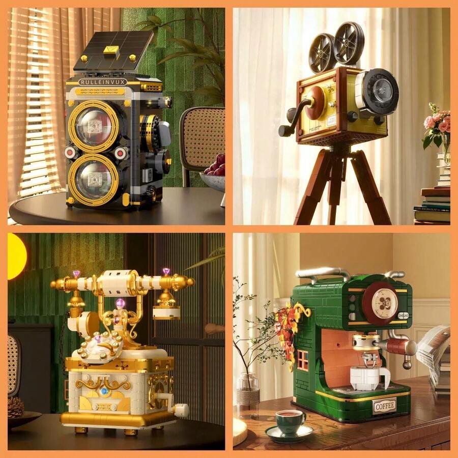 Conjunto de Construção de Eletrodomésticos Vintage para Casa, Blocos de Construção Retrô de Câmera, Telefone, Projetor, Máquina de Café, Conjunto de Brinquedos de Construção Colecionáveis, Kit de Construção DIY Criativo, Ornamentos de Modelo de Mesa, Decoração Doméstica, Presente de Halloween, Aniversário, Natal, Ação de Graças, 500+ Peças