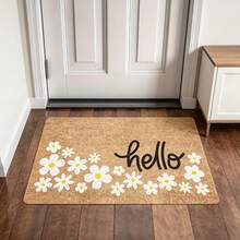 1pc "Hello" Daisy Print Flannel Doormat, Natural Brown Non-Slip Absorbent Floor Rug, Soft Washable Indoor/Outdoor Entrance Mat, Minimalist Floral Home Decor Carpet - 1PC - View 2