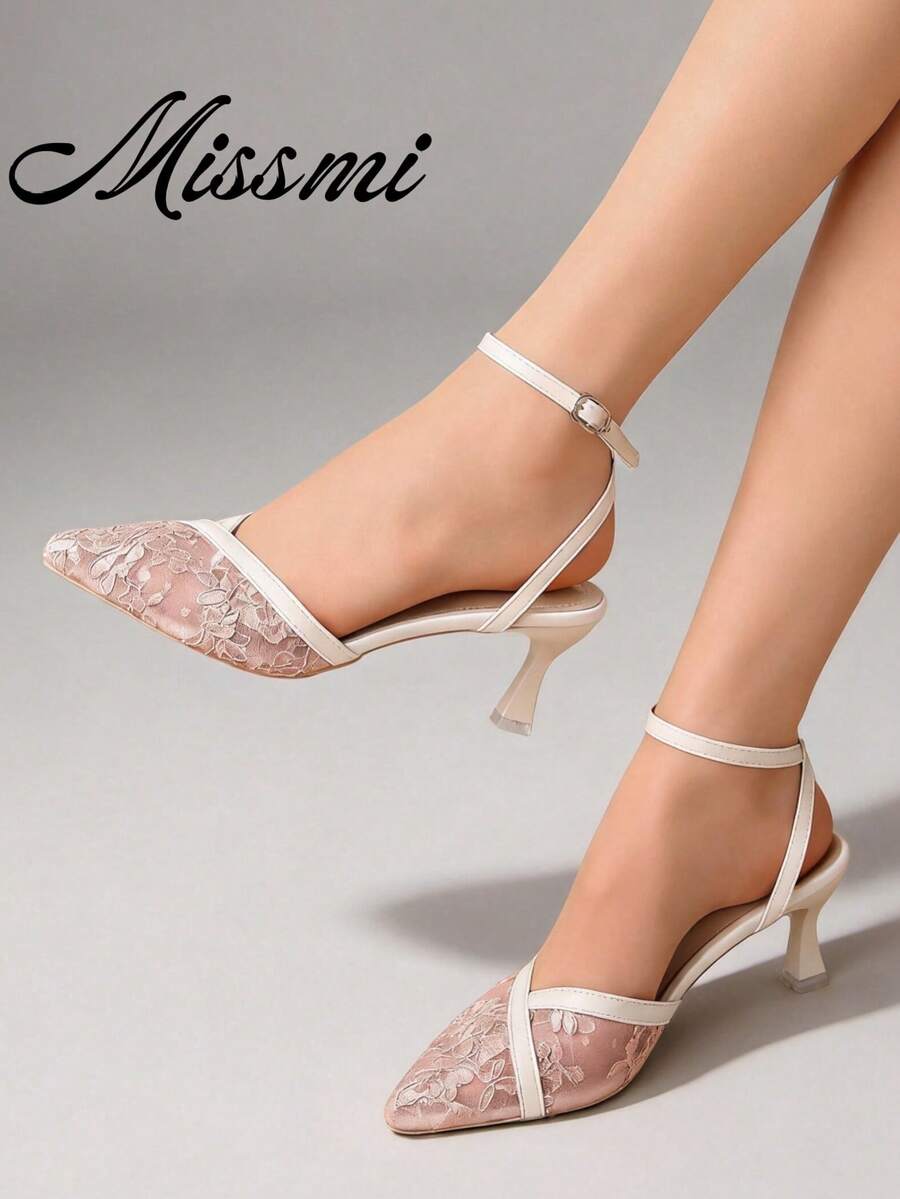 Fashionable Elegant Floral Embroidery Mesh Pointed Toe High Heels - Pink - View 1
