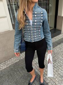 LEILEIBEI Áo khoác denim nữ kiểu Napoleon ôm dáng, phong cách thời trang đơn giản đa năng Âu Mỹ, casual, mới cho Xuân/Hè - Màu xanh nhạt - Xem 2