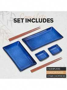 Sushi Serving Tray Sets 2, 6 Pieces Japanese Style Porcelain Sushi Plate Set With Soy Sauce Dishes, Chopsticks Housewarming Blue - View 7
