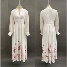 Long Spring Dress With Tulle Overlay, French-Style Fitted Cut, Versatile Print - White - View 3