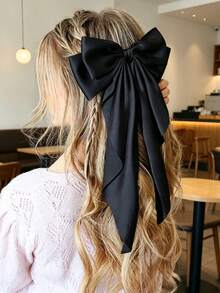1Pc Oversized Black Satin Bow Hair Clip For Women Large Long Tail Bow Barrette Soft Silky Satin Big Bow Hair Accessory Elegant French Style Coquette Aesthetic Hair Bow For Daily Wear Wedding Bridal Bridesmaid Prom Party Date Night School Office. Vintage Y2K Hair Bow, Classic Black Hair Bow Clips For All Occasions, Fashionable Hair Accessories For Women Gift For Her Birthday Christmas Valentine's Day Mother's Day Graduation,Hair Claws - Black - View 3