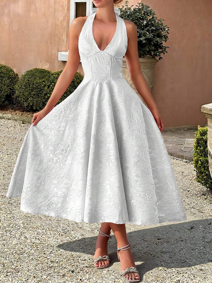 de mujer Unadoll con tirantes finos y espalda descubierta, de tela jacquard 3D, de estilo elegante, adecuado para gala de noche, cita, ceremonia de apertura escolar, de cóctel, boda, Navidad, Acción de Gracias y otras ocasiones, color rosa verano - Blanco - Ver 1