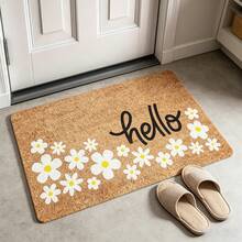 1pc "Hello" Daisy Print Flannel Doormat, Natural Brown Non-Slip Absorbent Floor Rug, Soft Washable Indoor/Outdoor Entrance Mat, Minimalist Floral Home Decor Carpet - 1PC - View 5