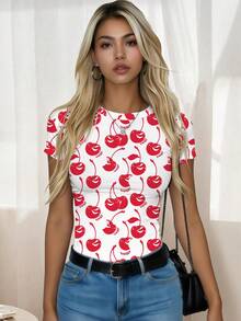 Girls Round Neck Short Sleeve Cherry Print T-Shirt, Casual Summer Women's Top, Basic Style For Outings - Multicolor - View 10