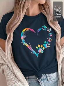 100% Multicolor T-Shirt With Paw And Heart Design - Navy Blue - View 1