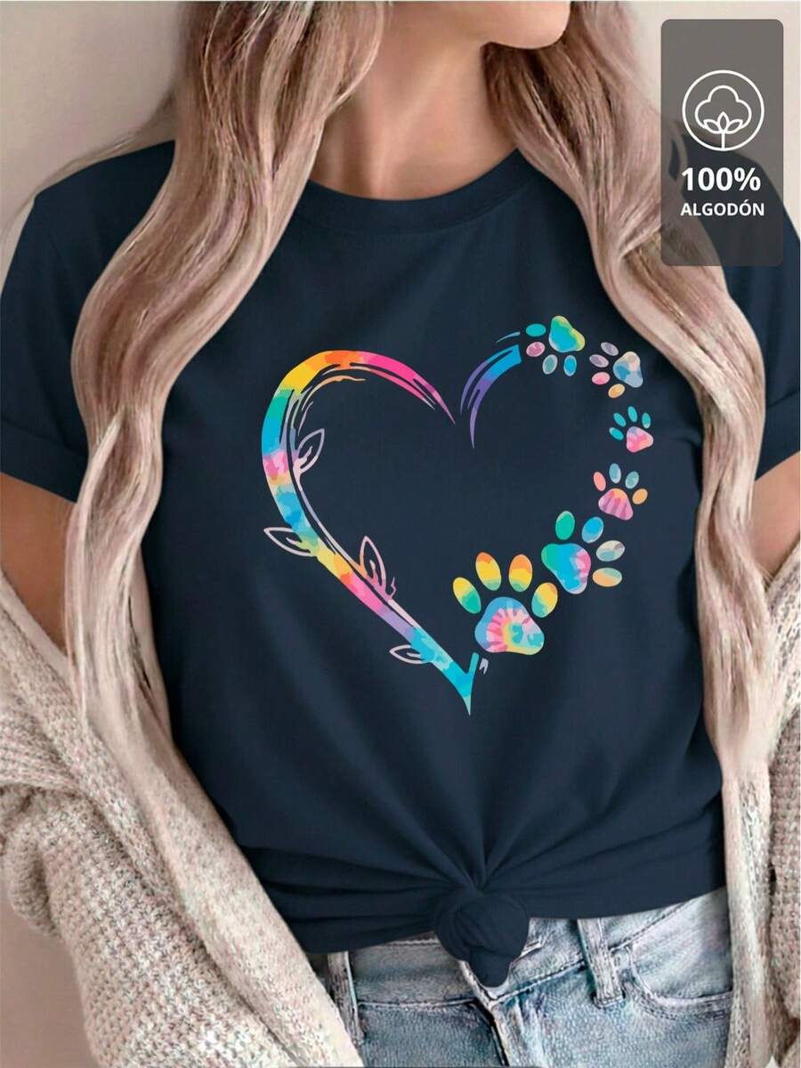 100% Multicolor T-Shirt With Paw And Heart Design - Navy Blue - View 1