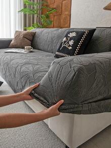 1pc Solid Color Plush Stretch Sofa Cover, Geometric Pattern Design, Foam Rod Fixed Anti-Slip Pet-Friendly, Suitable For All Seasons Holiday Decor, Fit For Combination Sofa, Chaise Lounge, Straight Sofa - Dark Grey - View 4